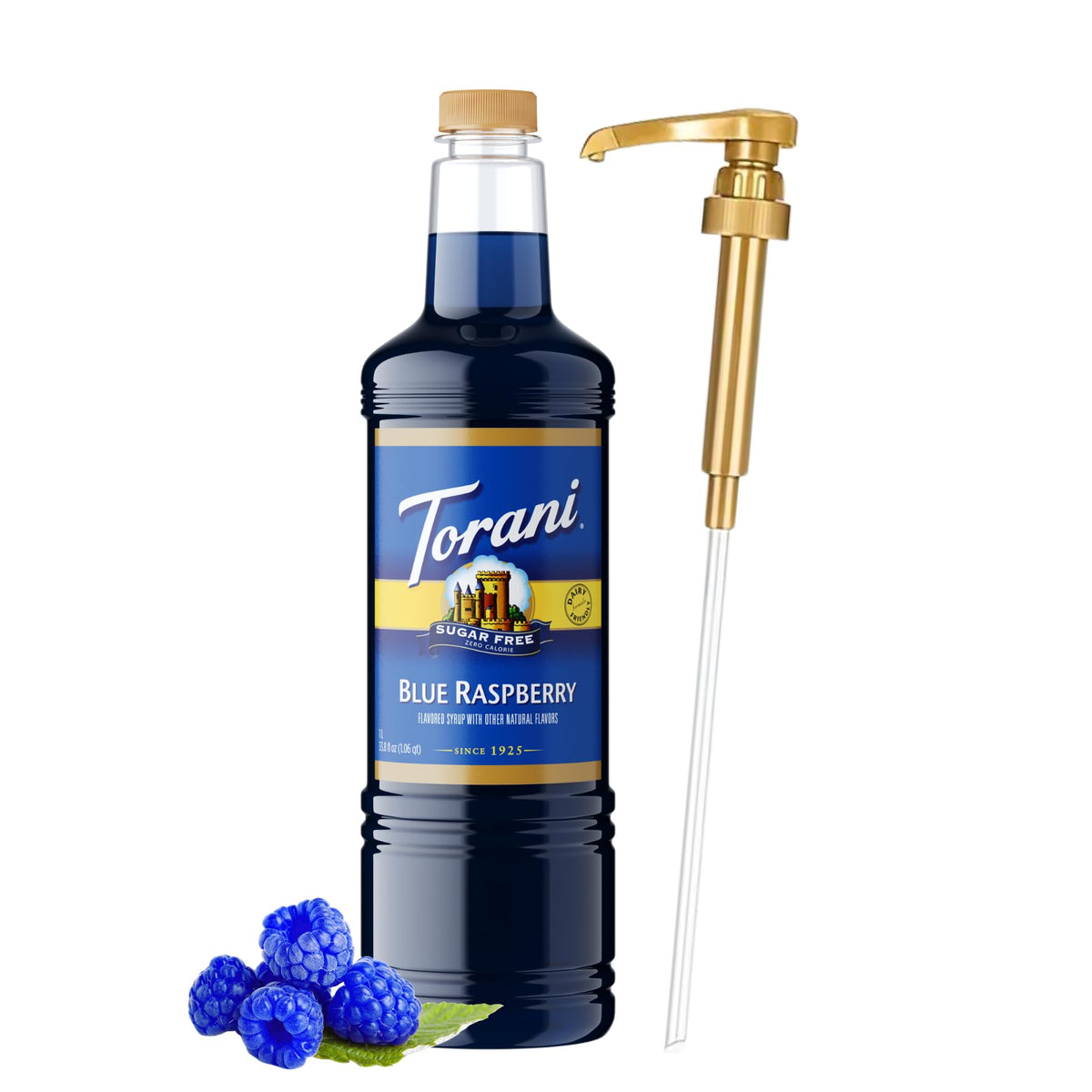 Torani sugar-free blue raspberry syrup bottle with pump for mess-free pours.