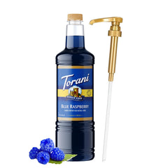 Torani sugar-free blue raspberry syrup bottle with pump for mess-free pours.