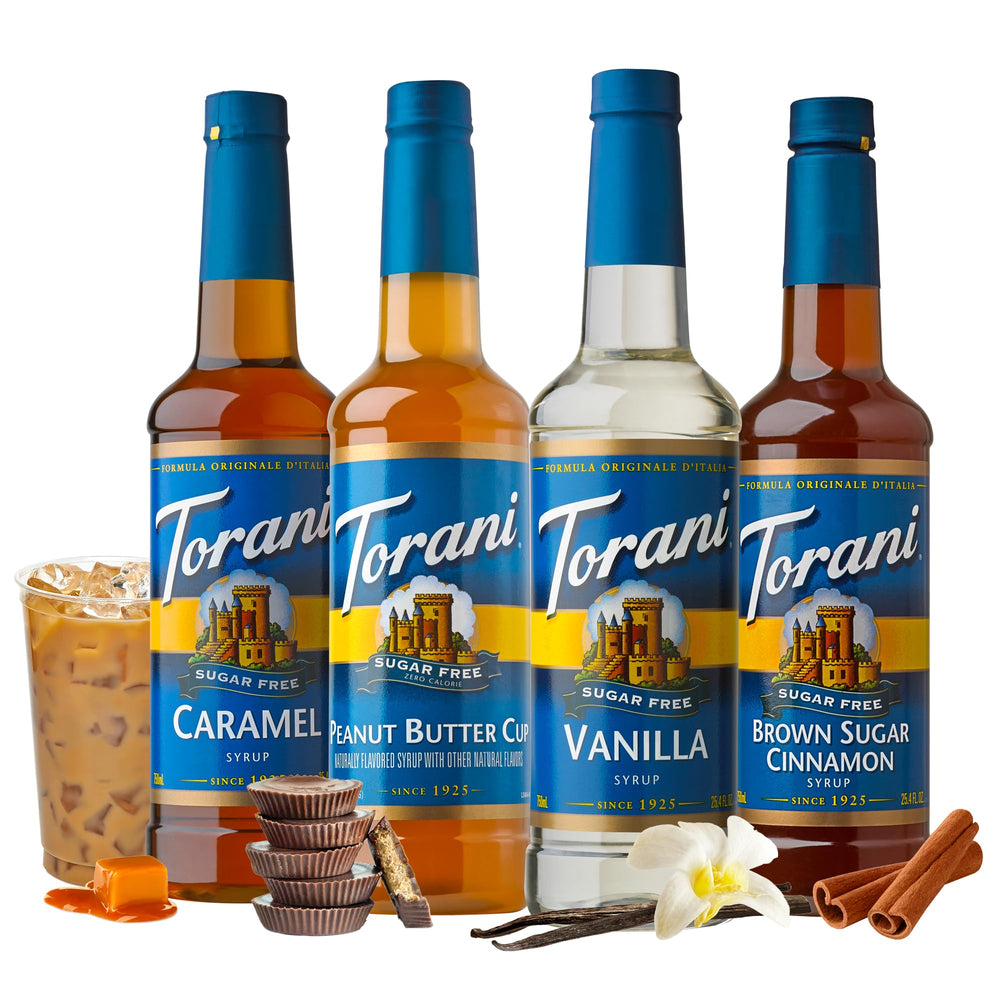 Torani Sugar Free Brown Sugar Cinnamon bottle ready to flavor morning latte