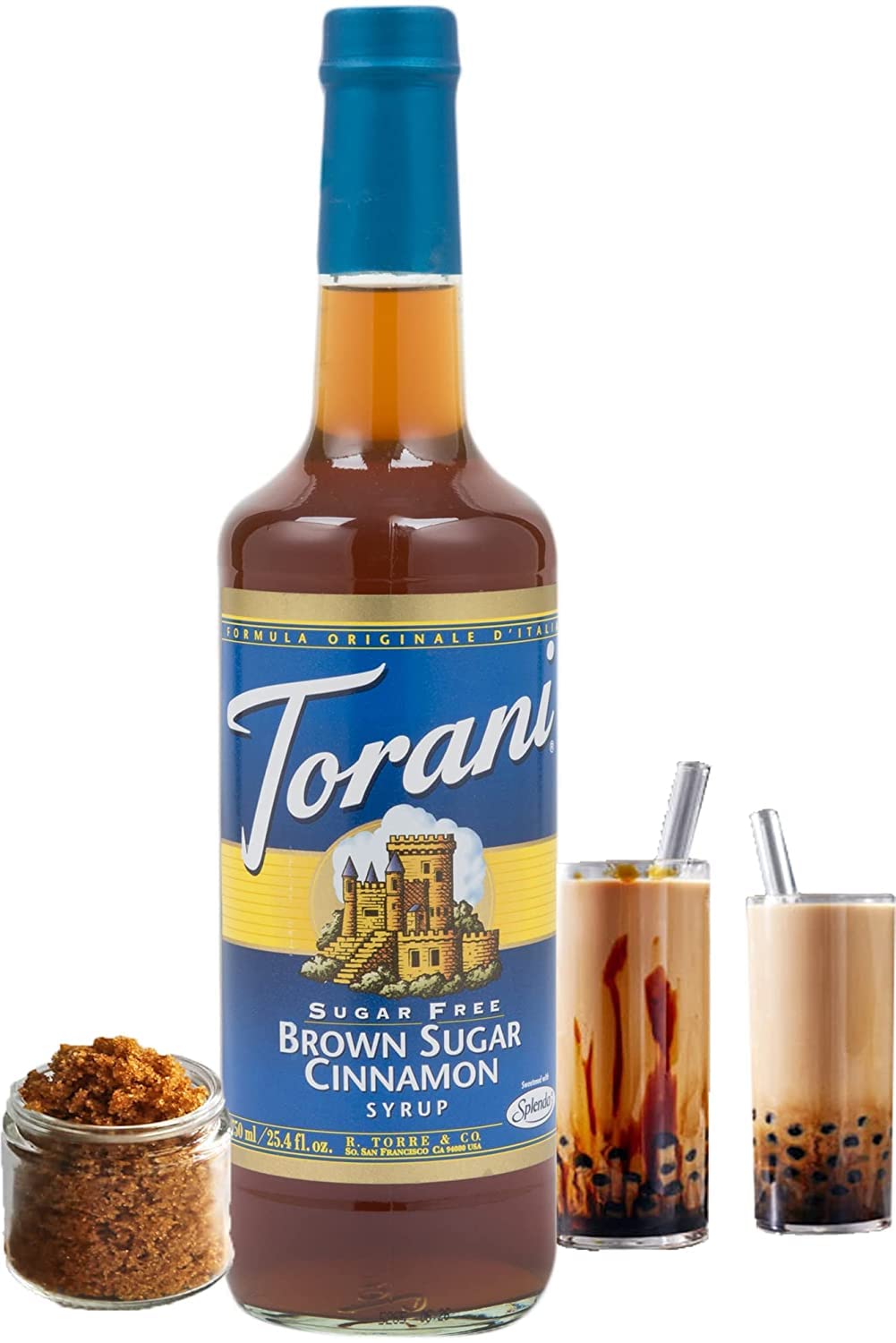 Torani Sugar Free Brown Sugar Cinnamon Syrup drizzled as a dessert topping for spice