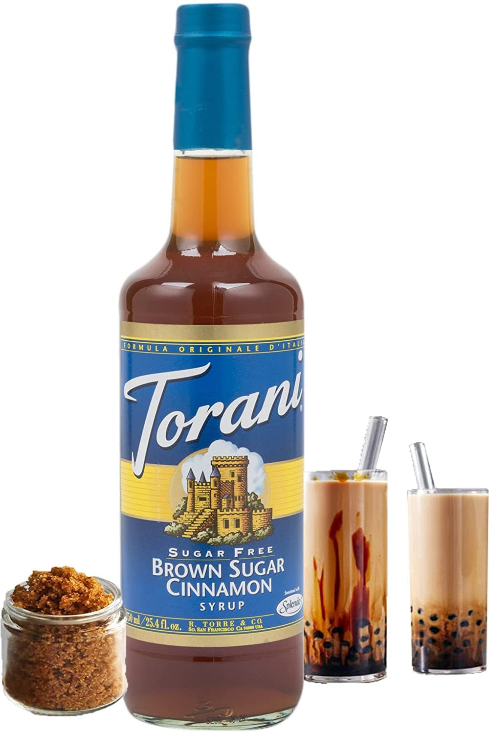Torani Sugar Free Brown Sugar Cinnamon Syrup drizzled as a dessert topping for spice