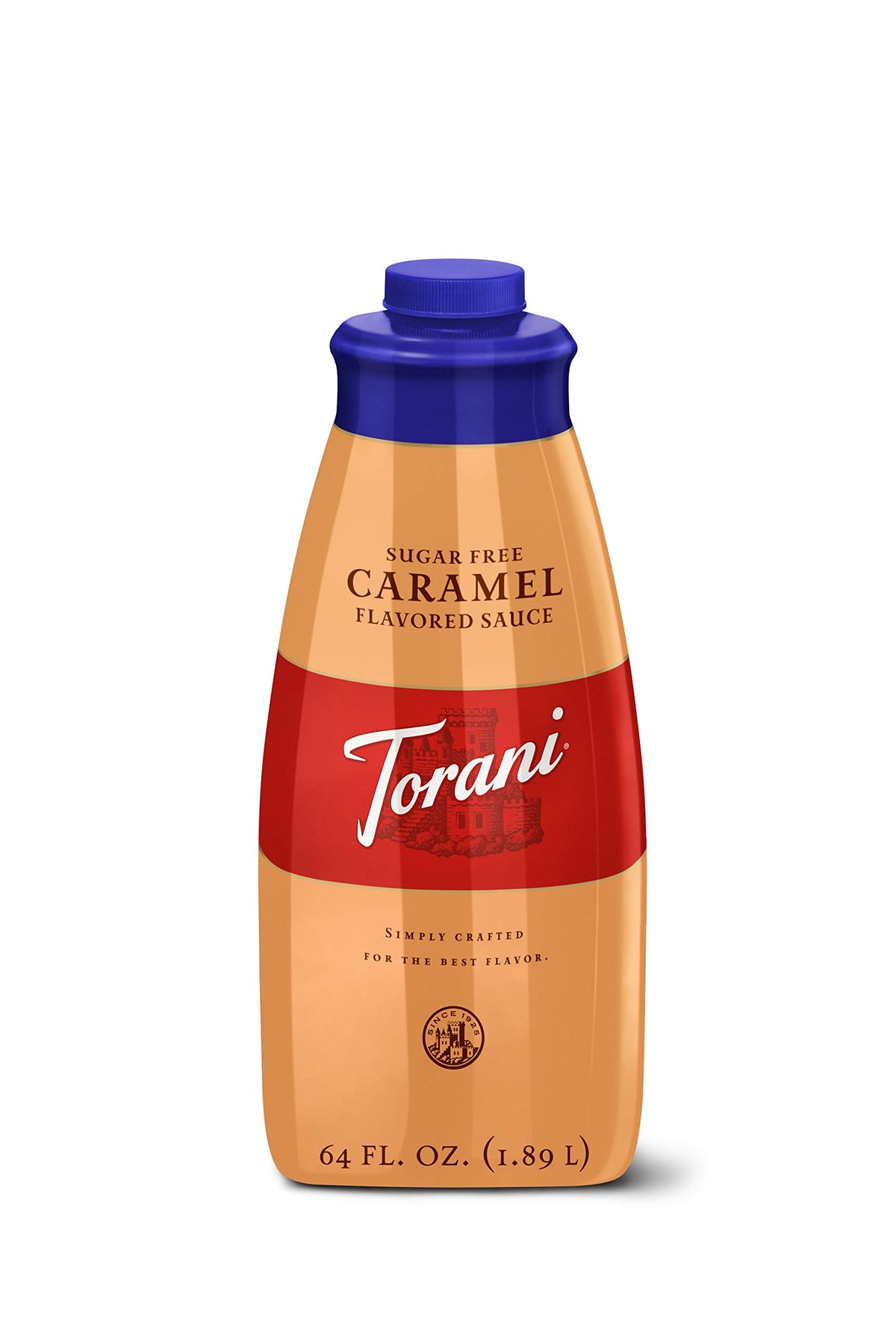 Torani Sugar Free Caramel Sauce bottle on a counter for sugar-free beverages.