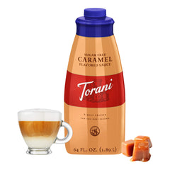 Close-up of Torani Sugar Free Caramel Sauce label highlighting Puremade.