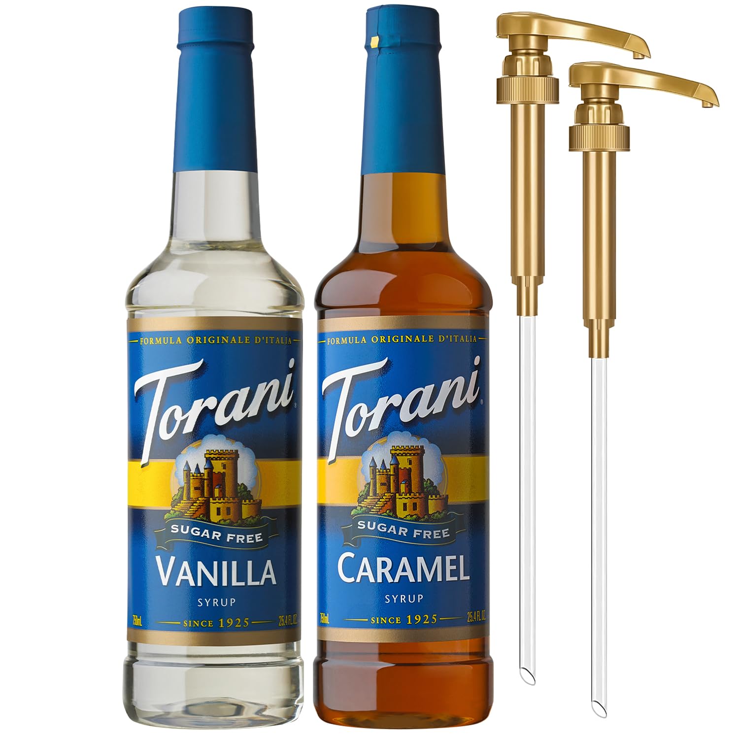 Torani sugar-free caramel syrup bottle for rich coffee flavor.