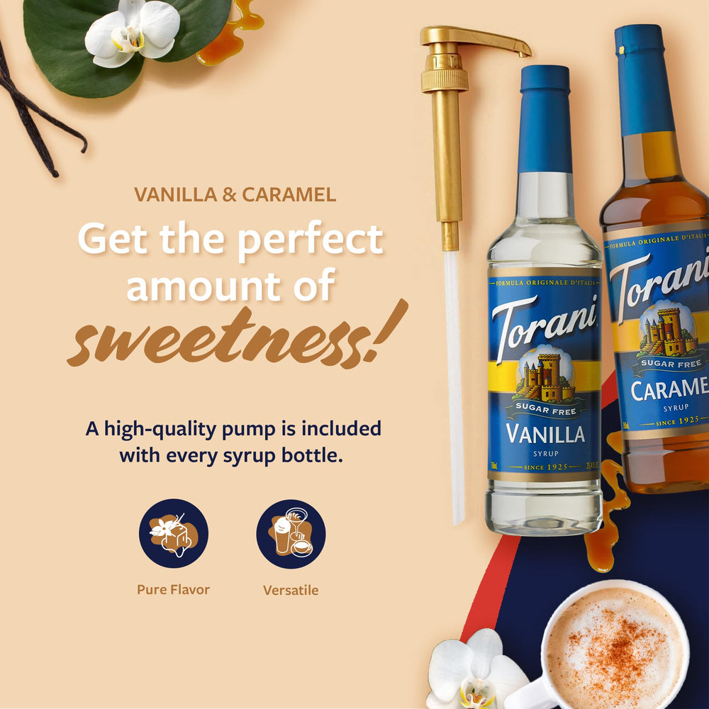 Torani sugar-free caramel syrup pump included for easy topping.