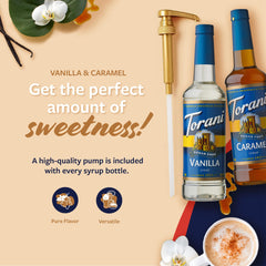 Torani sugar-free caramel syrup pump included for easy topping.