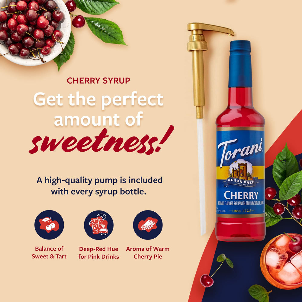 Close-up of Torani Cherry Syrup label highlighting zero calories for drinks