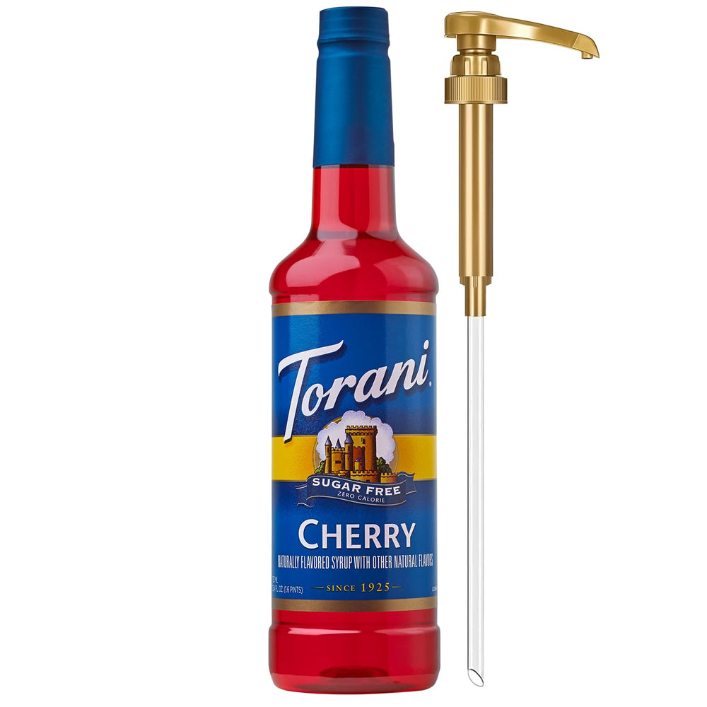 Torani Sugar Free Cherry Syrup pump bottle ready for mess-free sweetening in drinks