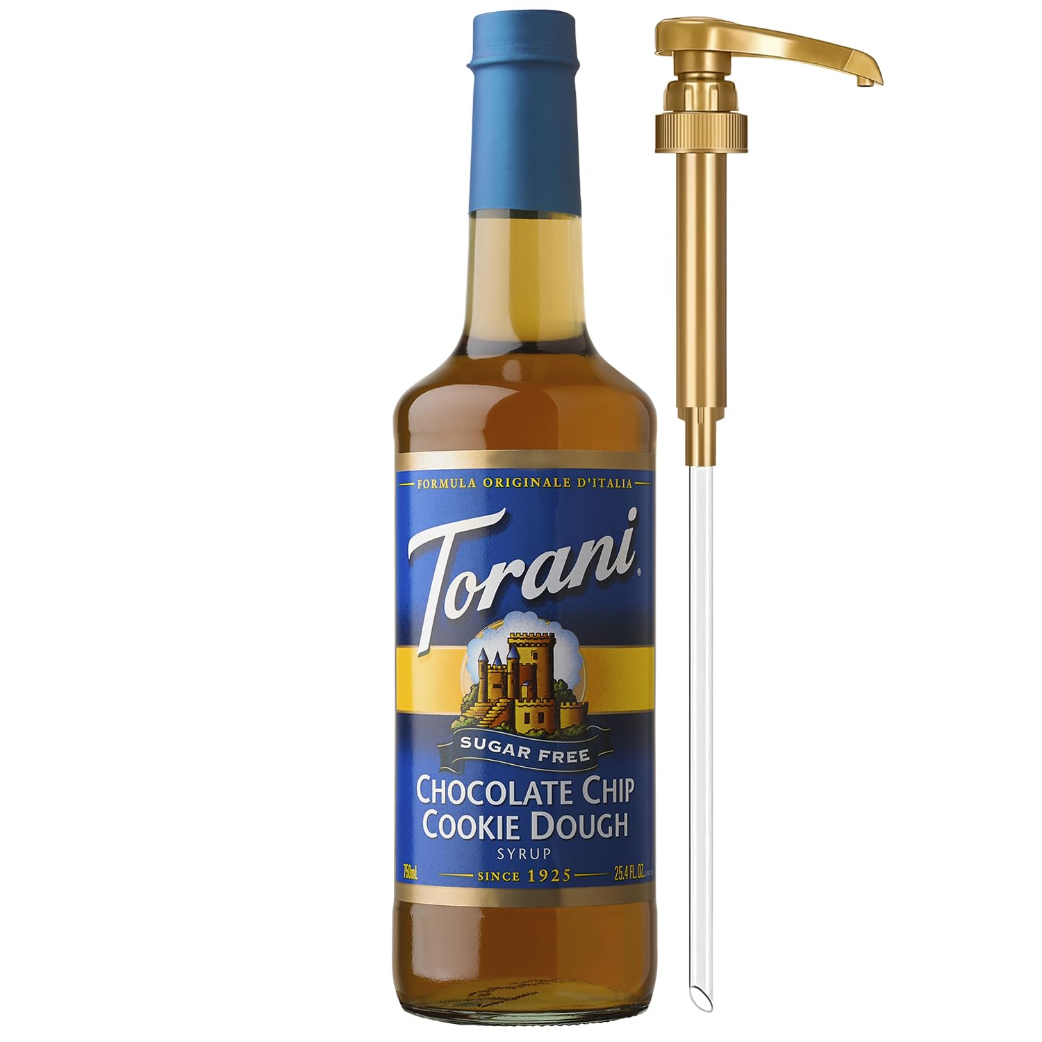 Torani Sugar-Free Chocolate Chip Cookie Dough syrup bottle adds flavor without calories to beverages