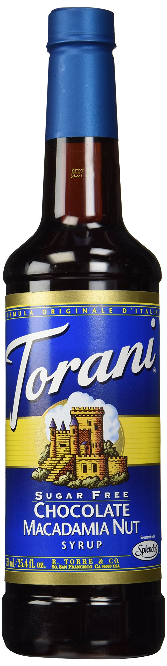 Torani Sugar Free Chocolate Macadamia Nut Syrup bottle on a kitchen shelf for sugar-free flavoring.