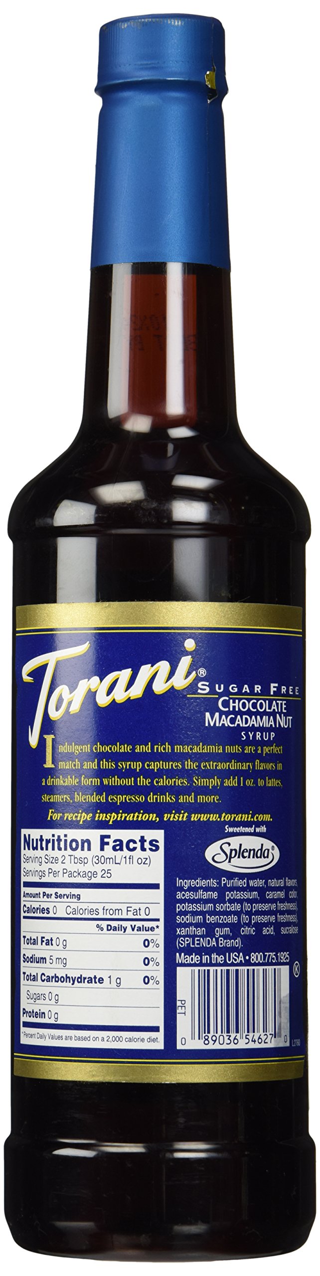 Torani Sugar Free Chocolate Macadamia Nut Syrup being poured for coffee flavor enhancement.