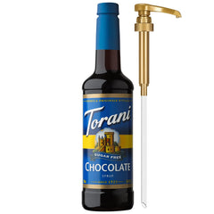 Torani Sugar Free Chocolate Syrup bottle offers rich chocolate flavor with zero calories for coffee.