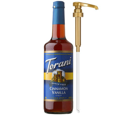 Torani Sugar Free Cinnamon Vanilla Syrup bottle with pump for zero calorie flavoring.