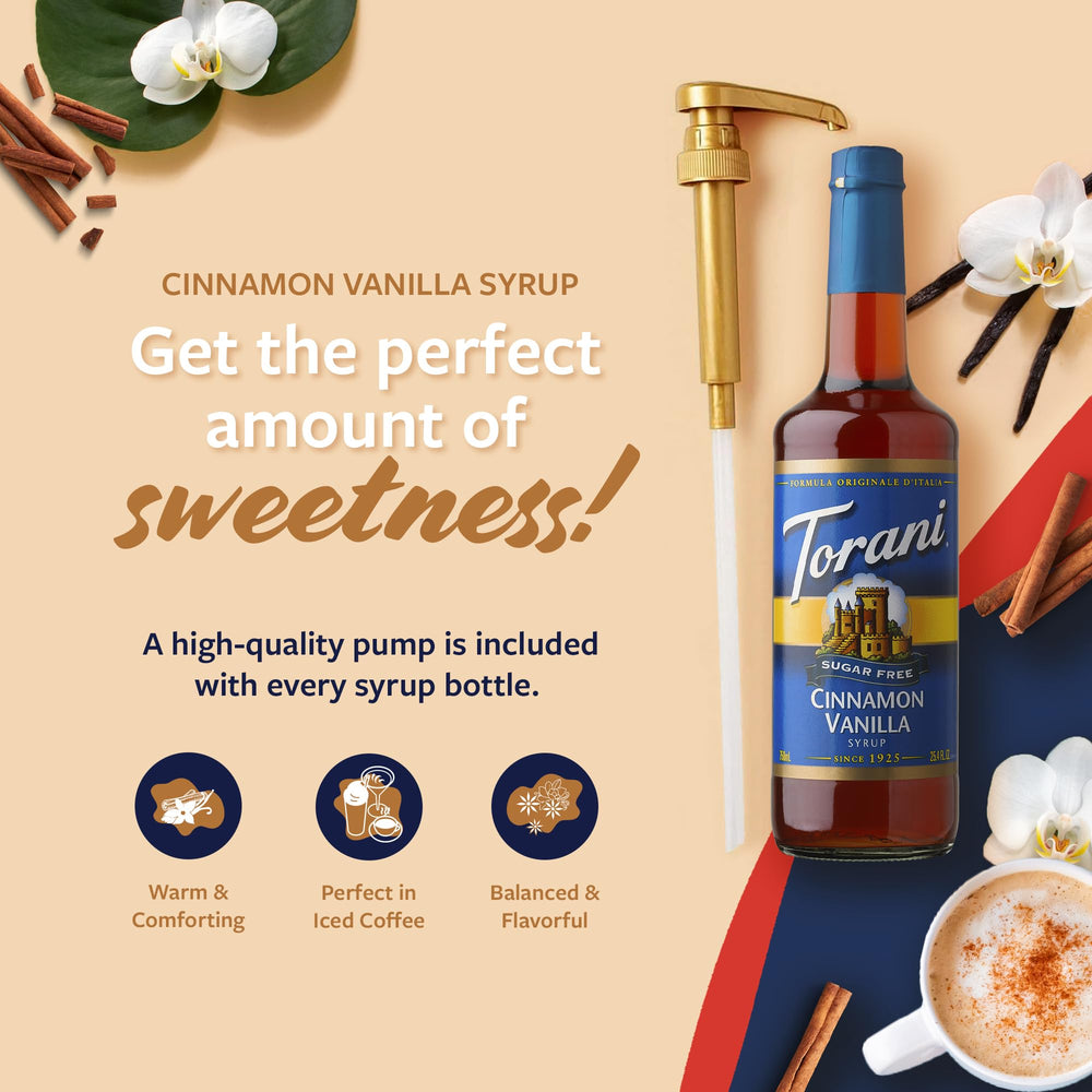 Pouring Torani Sugar Free Cinnamon Vanilla Syrup over coffee for flavor infusion.