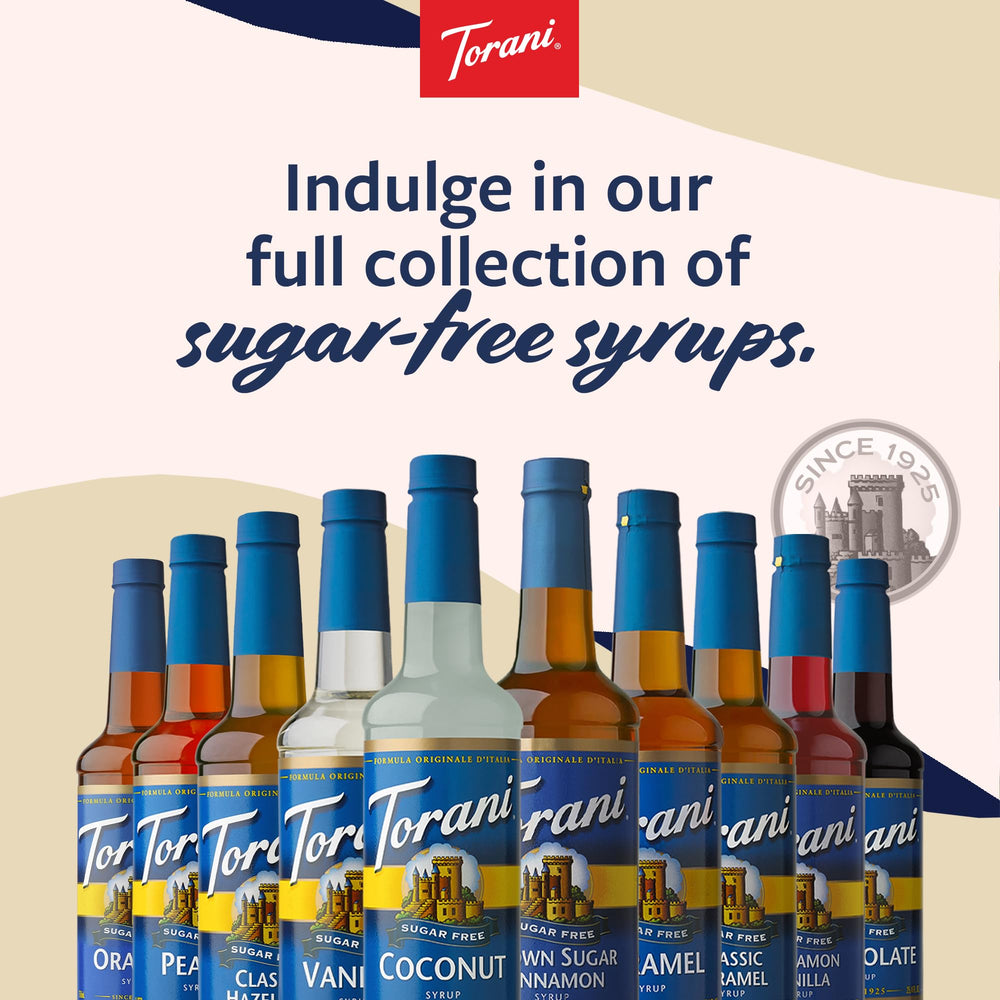 Torani sugar-free syrups ready to top beverages and desserts.