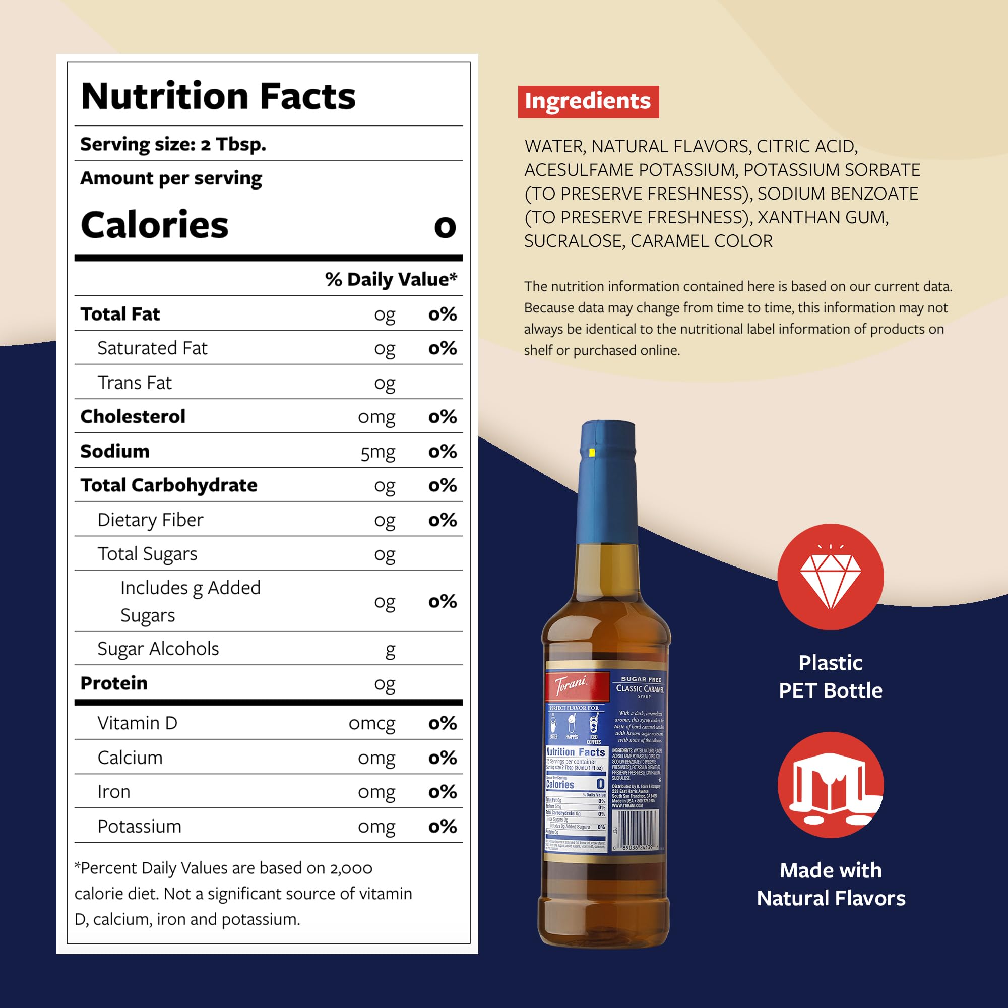 Torani Sugar Free Classic Caramel Syrup bottle ready for zero-calorie flavoring.