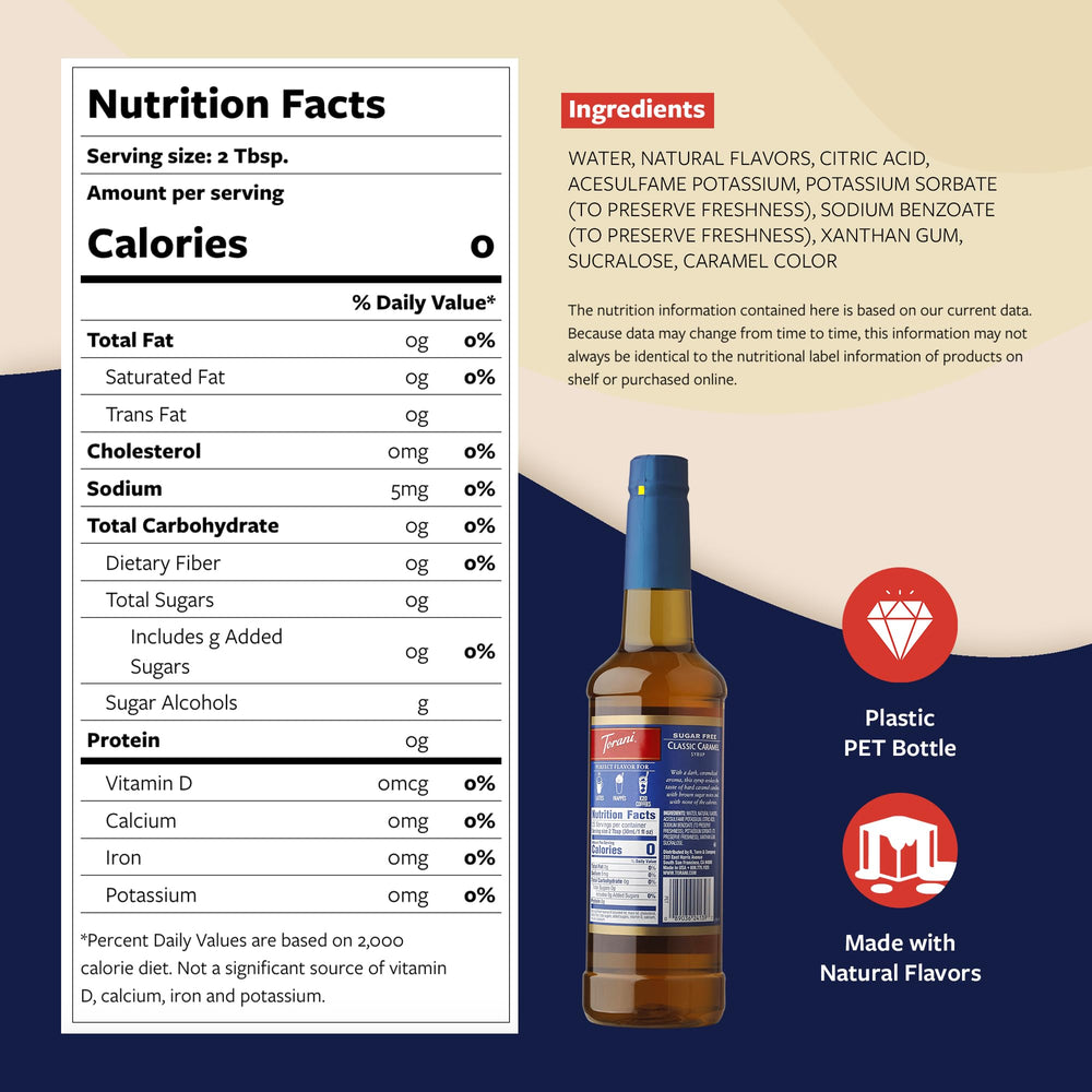 Torani Sugar Free Classic Caramel Syrup bottle ready for zero-calorie flavoring.