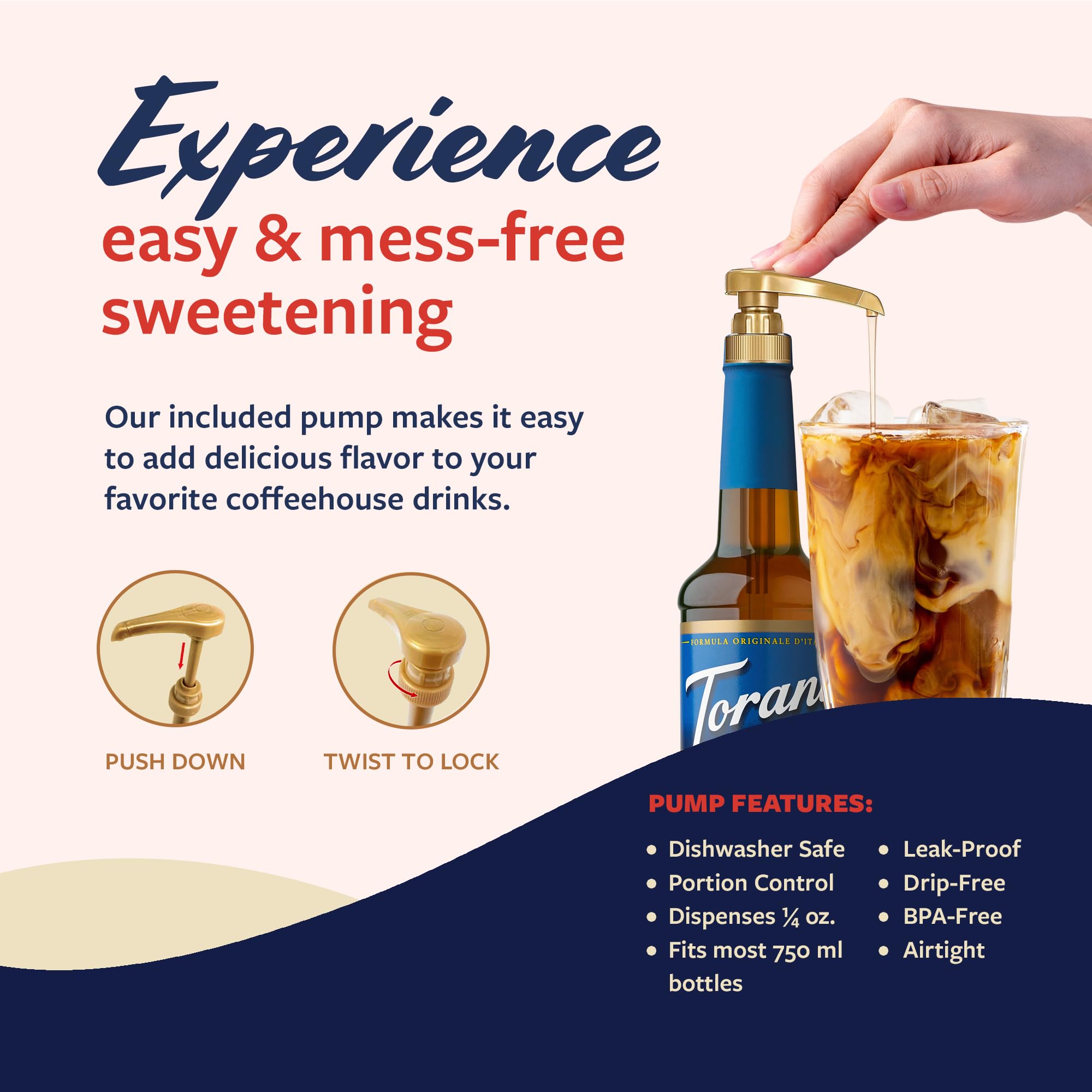 Closeup of Torani BPA-free bottle preserves freshness for home beverages.