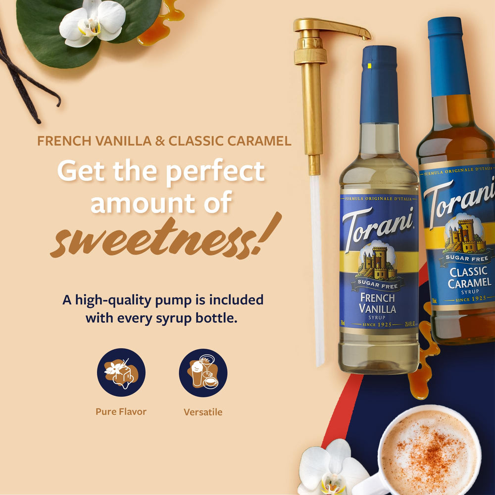 Torani Sugar-Free Classic Caramel swirled into coffee for rich notes.