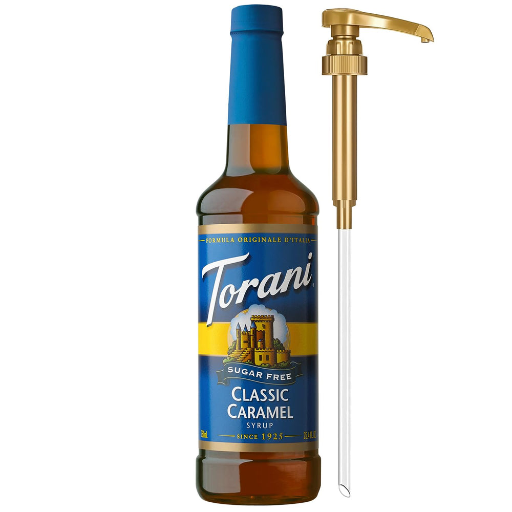 Torani Sugar Free Classic Caramel Syrup pump in action for mess-free sweetening.