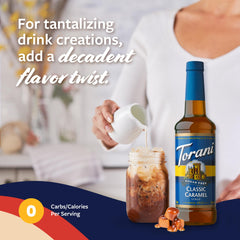 Steaming coffee with Torani Sugar Free Classic Caramel Syrup drizzle.