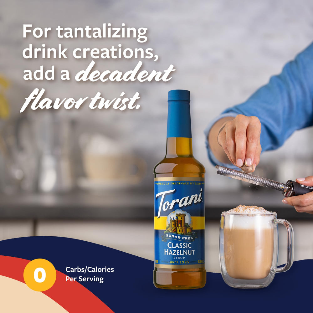 Torani sugar-free hazelnut syrup bottle close-up showing label and packaging.