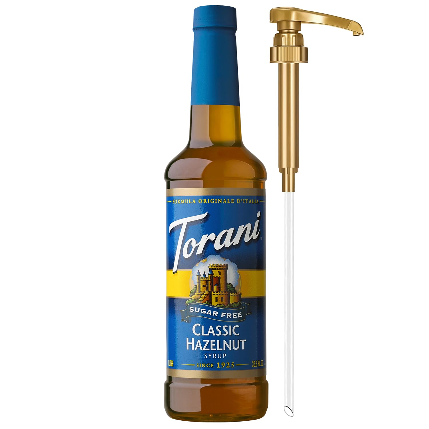 Torani Sugar-Free Classic Hazelnut syrup bottle, zero-calorie flavoring for coffee.