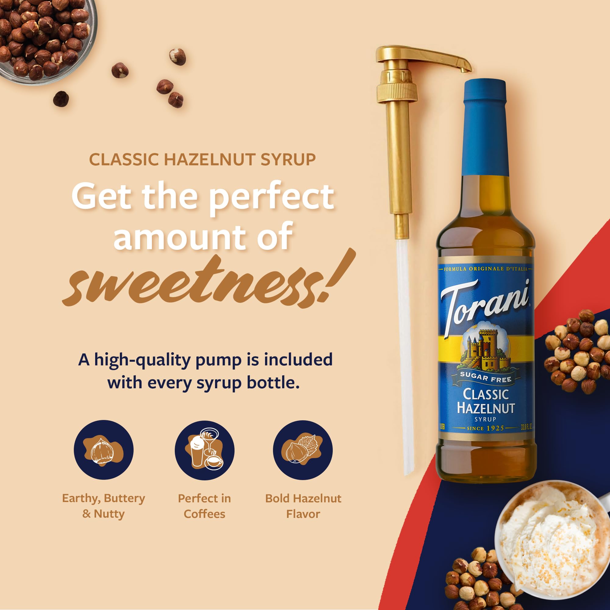 Torani Sugar-Free Classic Hazelnut syrup pump in use for mess-free sweetening.