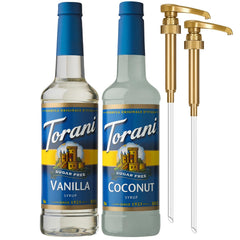 Torani Sugar Free Coconut Syrup bottle pour over a latte for tropical notes.
