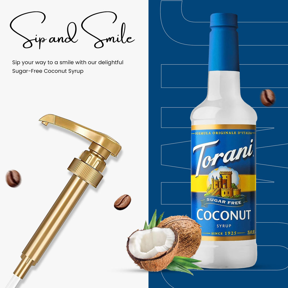 Torani Sugar Free Coconut Syrup bottle ready for flavoring beverages.