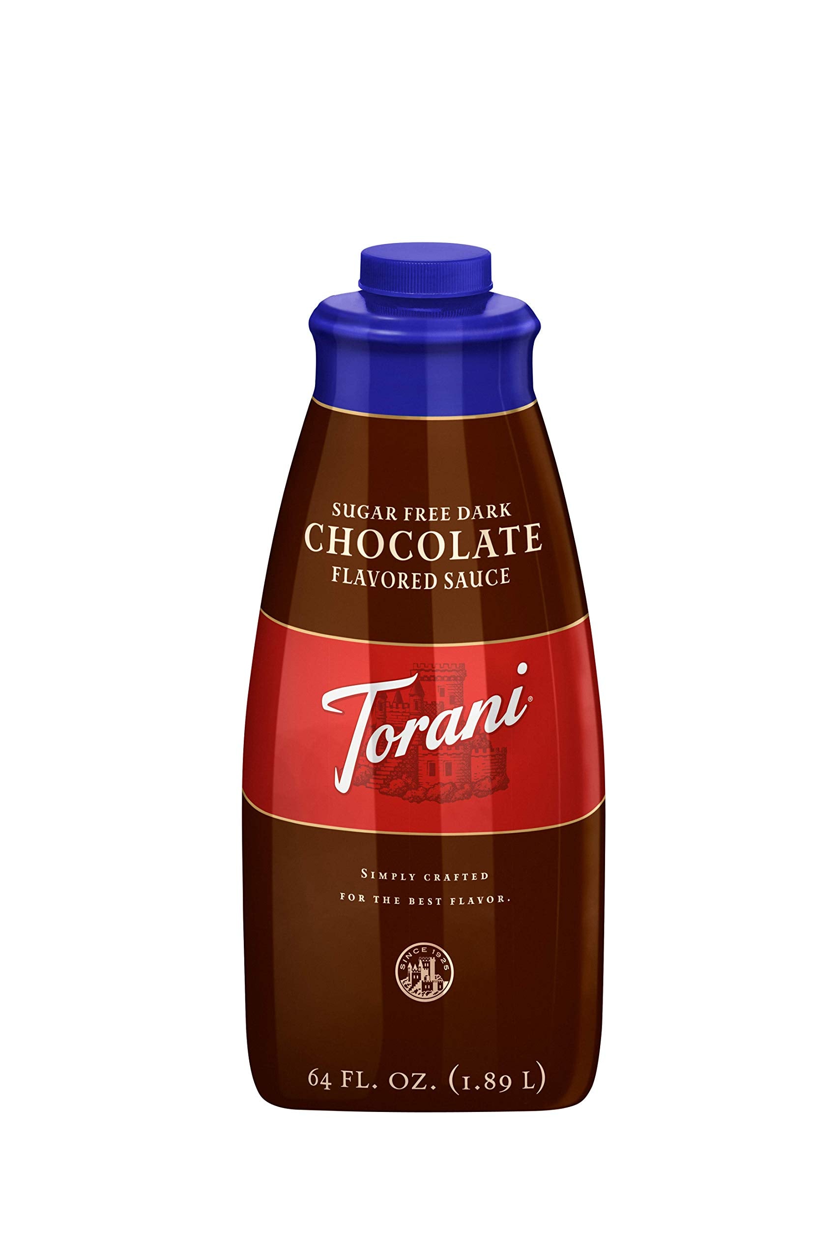 Torani Sugar Free Dark Chocolate Sauce 64oz bottle on a kitchen shelf