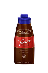 Torani Sugar Free Dark Chocolate Sauce 64oz bottle on a kitchen shelf