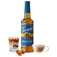 Torani Sugar Free Hazelnut Syrup four-pack display for bulk flavor
