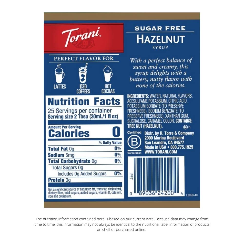 Torani Sugar Free Hazelnut Syrup pour into coffee for rich flavor