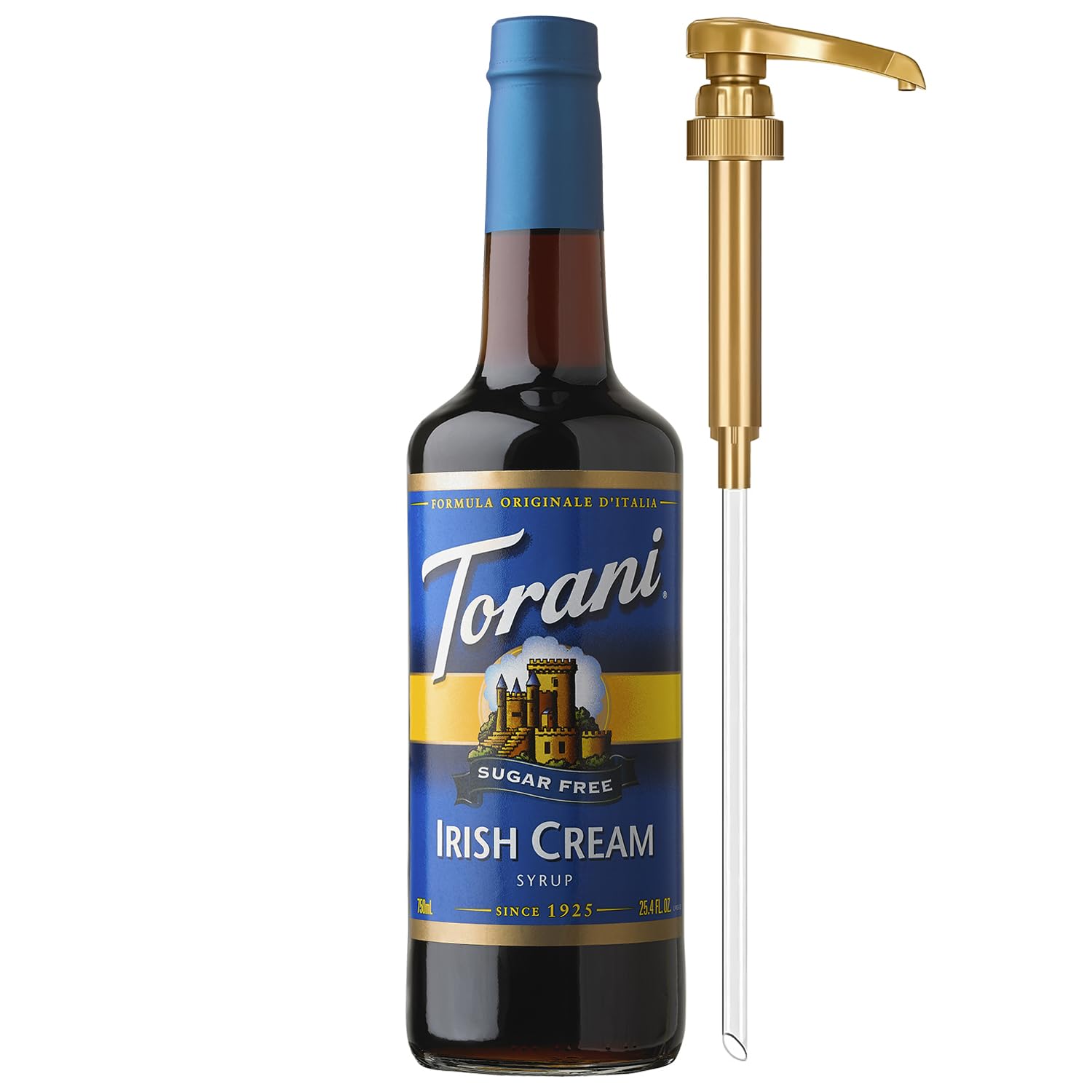 Torani Sugar Free Irish Cream Syrup bottle close-up for zero-calorie flavoring.