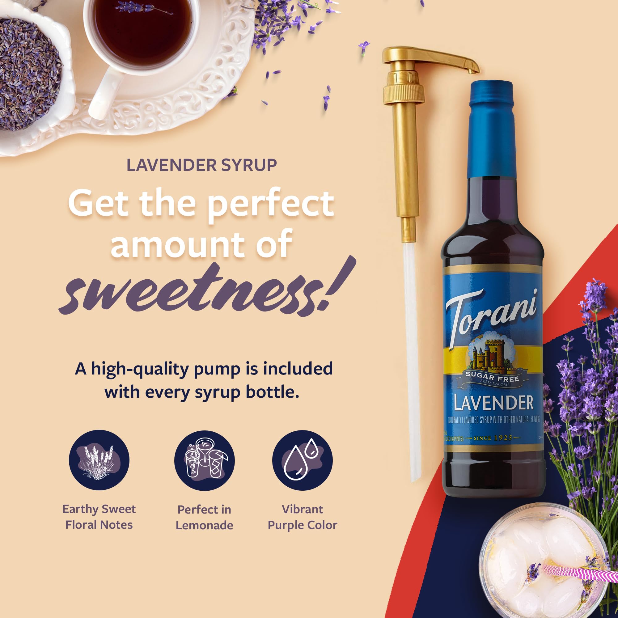 Torani sugar-free lavender syrup bottle-pour highlights aroma and zero-calorie flavoring