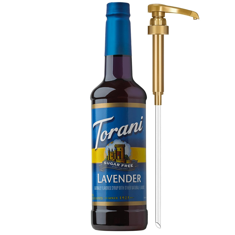 Torani sugar-free lavender syrup bottle showing zero calorie flavoring for drinks