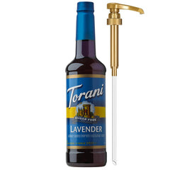 Torani sugar-free lavender syrup bottle showing zero calorie flavoring for drinks