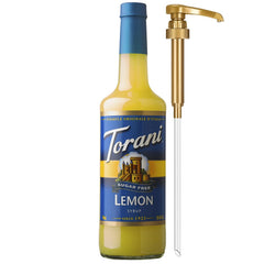 Torani Sugar Free Lemon Syrup bottle with pump for mess-free sweetening.