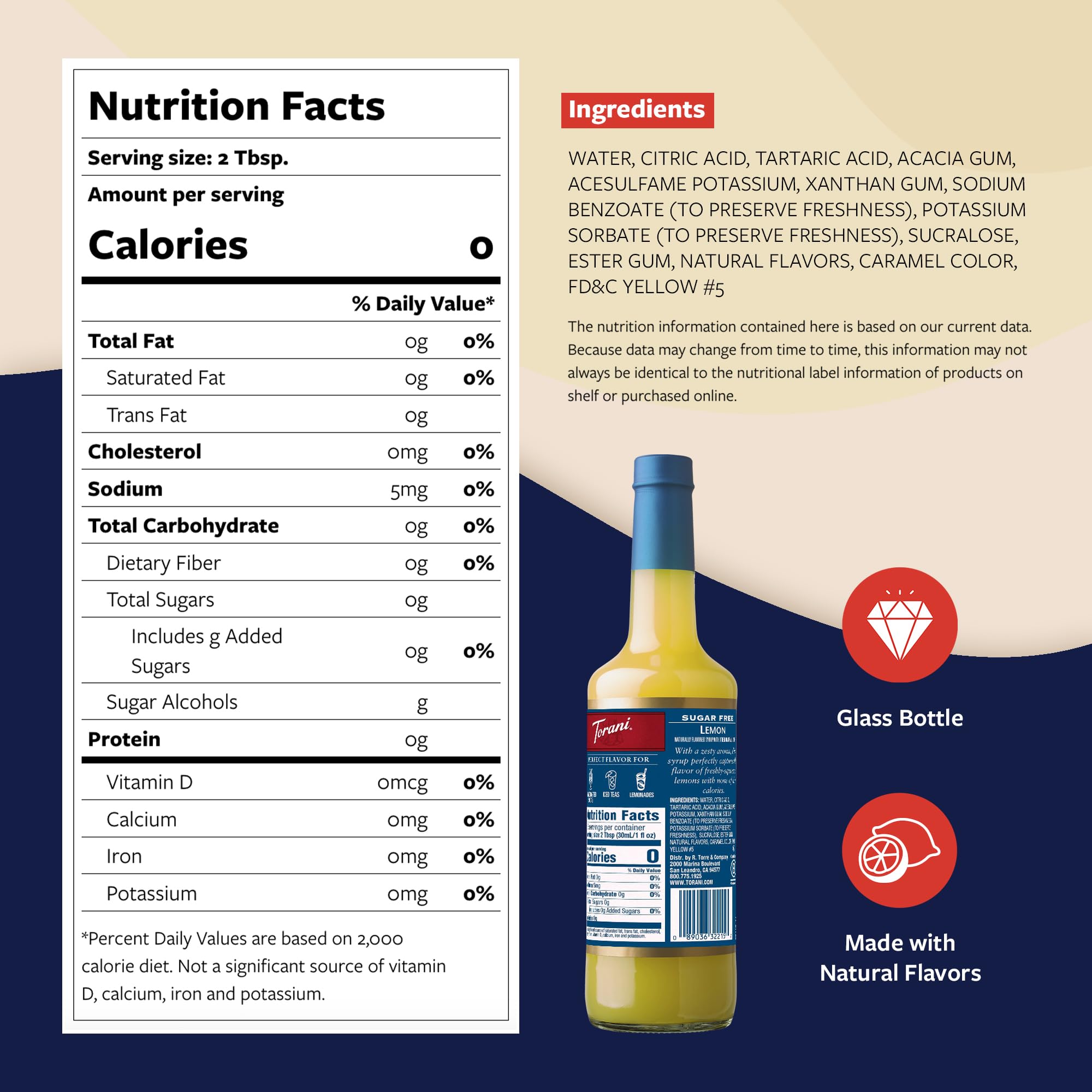 Torani Sugar Free Lemon Syrup glass bottle displaying zero-calorie citrus flavor.