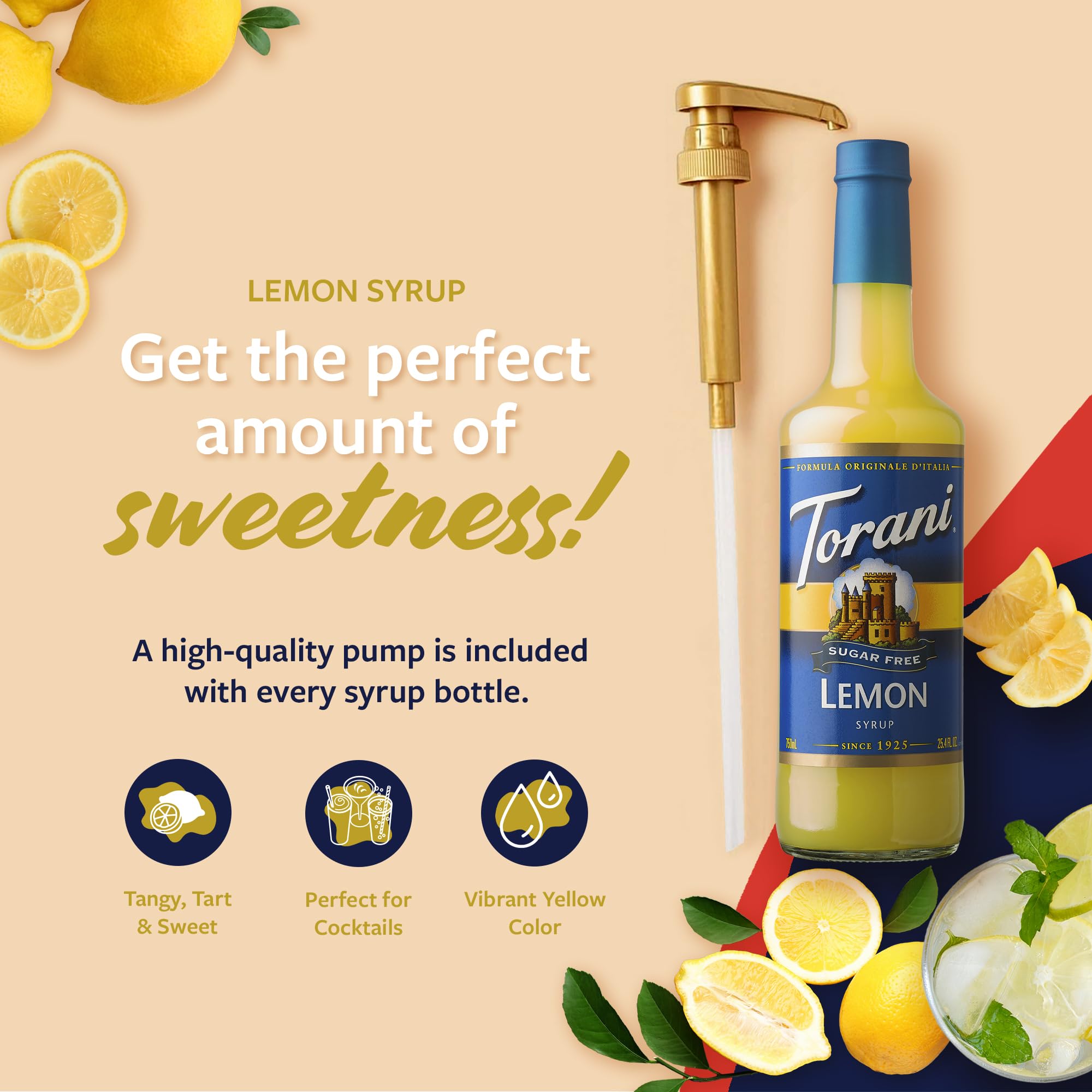 Torani Lemon Syrup pump-in-use adding bright flavor to a drink.