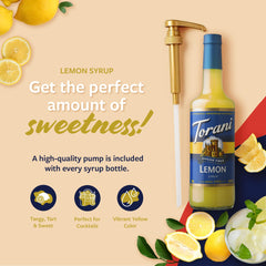 Torani Lemon Syrup pump-in-use adding bright flavor to a drink.