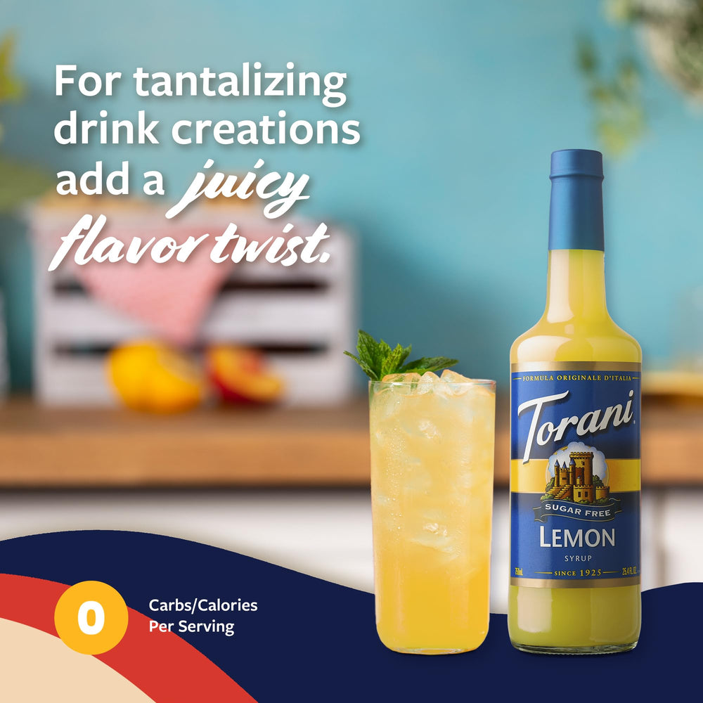 Torani Sugar Free Lemon Syrup on a soda or tea setup for quick flavoring.