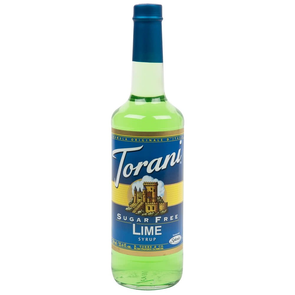 Torani Sugar Free Lime Syrup bottle front, ideal for sugar-free drinks.