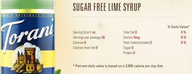 Torani Sugar Free Lime Syrup dispense pump, easy streaming into sodas.