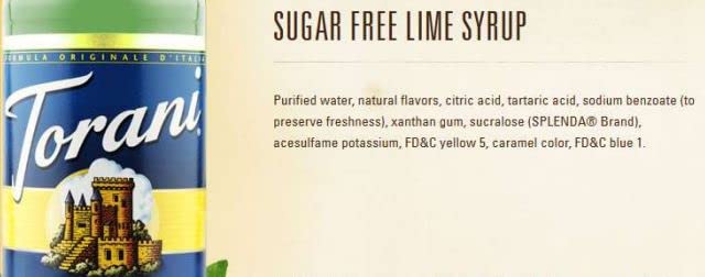 Torani Sugar Free Lime Syrup packaging highlights zero sugar.