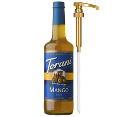 Torani Sugar Free Mango Syrup bottle with pump for mess-free, easy sweetening.