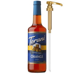 Torani sugar-free orange syrup bottle with pump for easy flavoring in drinks.