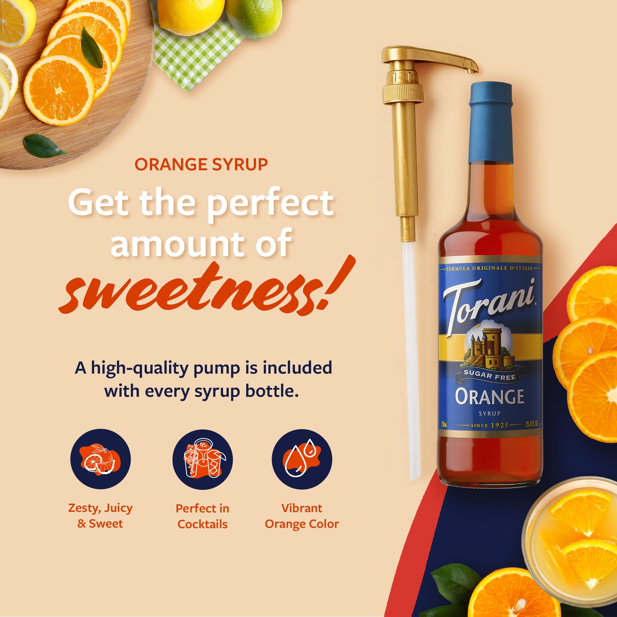 Close-up of Torani Sugar Free Orange Syrup label on glass bottle.