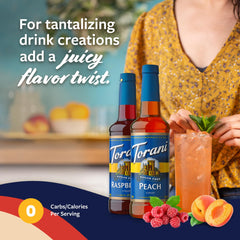 Torani sugar-free peach syrup bottle with pump for mess-free sweetening.